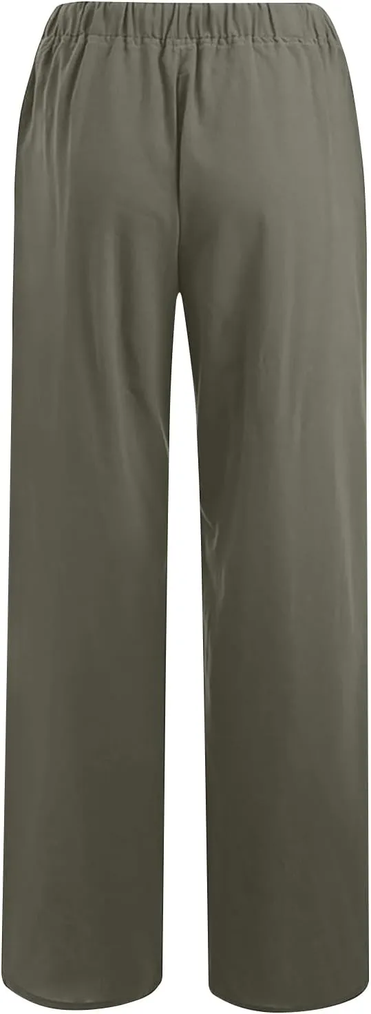 Linen Summer Pants Women 2024 Trendy Casual High Waist Drawstring Loose Fit Lightweight Long Palazzo Gauze Pants
