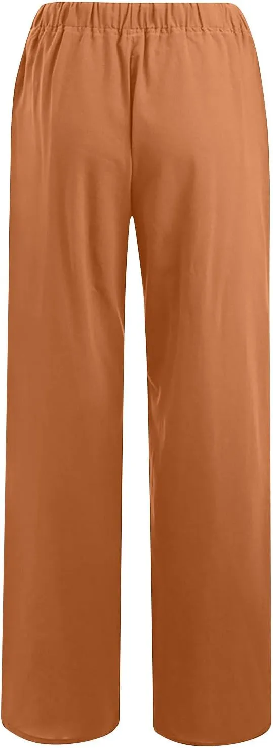 Linen Summer Pants Women 2024 Trendy Casual High Waist Drawstring Loose Fit Lightweight Long Palazzo Gauze Pants