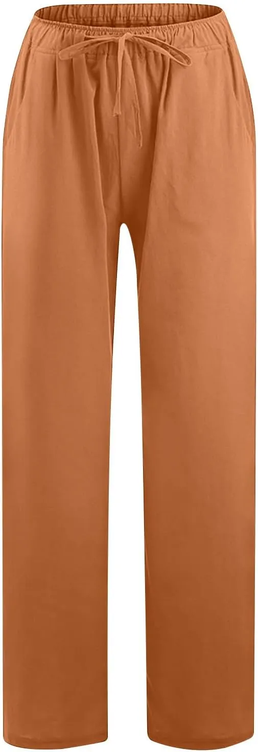 Linen Summer Pants Women 2024 Trendy Casual High Waist Drawstring Loose Fit Lightweight Long Palazzo Gauze Pants