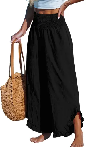 Linen Wide Leg Pants for Women 2025 Stretch Smocked High Waisted Ruffle Hem Palazzo Pants Summer Loose Beach Pants