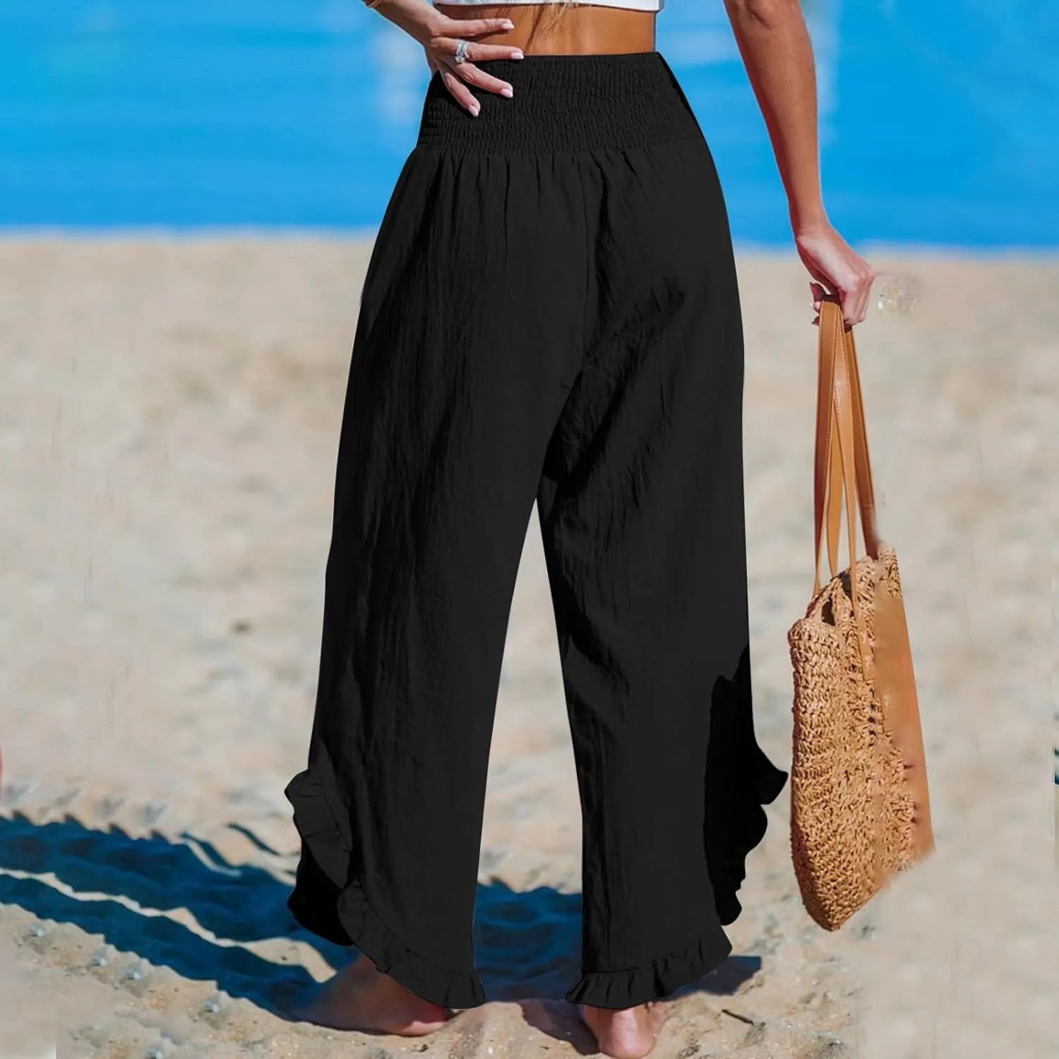 Linen Wide Leg Pants for Women 2025 Stretch Smocked High Waisted Ruffle Hem Palazzo Pants Summer Loose Beach Pants