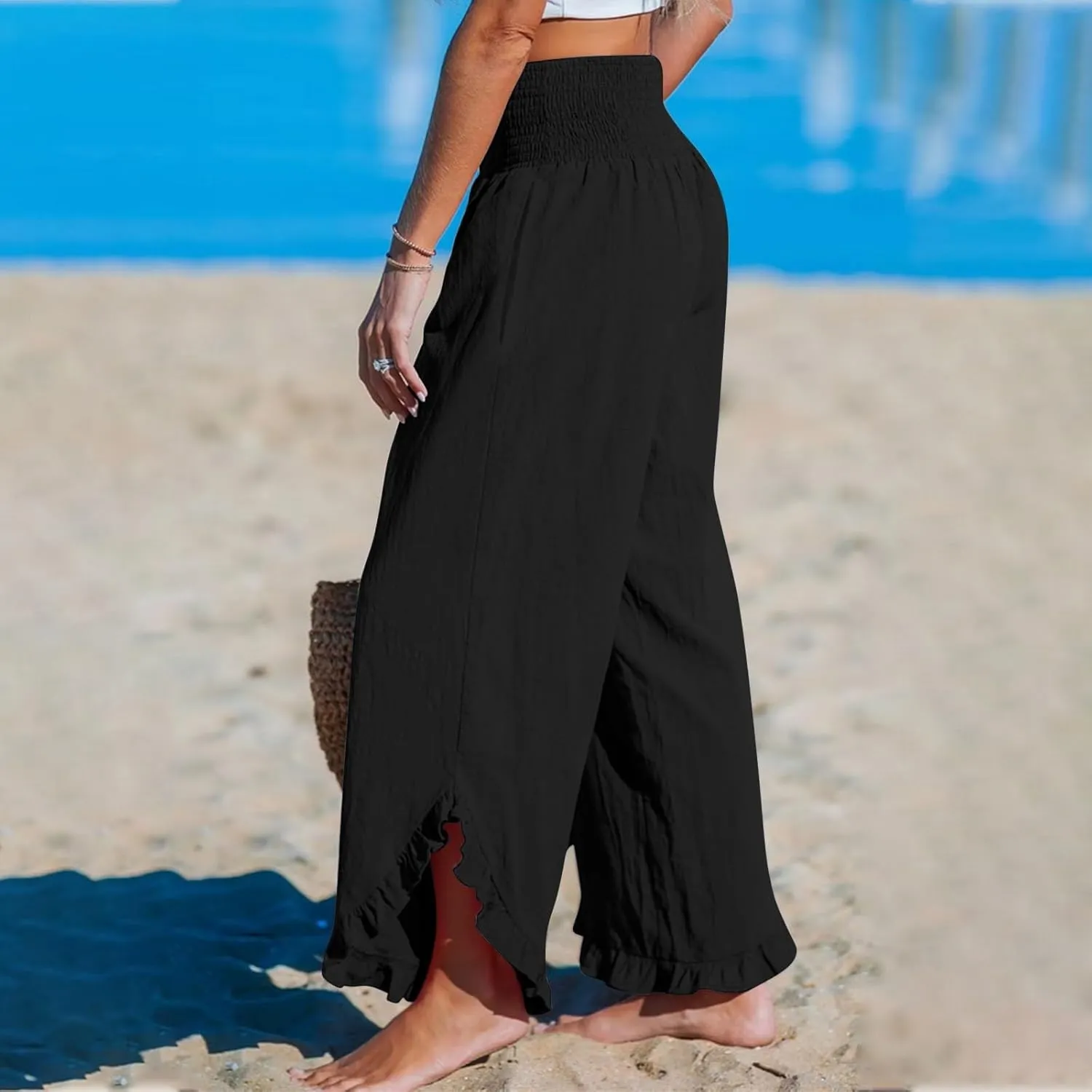 Linen Wide Leg Pants for Women 2025 Stretch Smocked High Waisted Ruffle Hem Palazzo Pants Summer Loose Beach Pants
