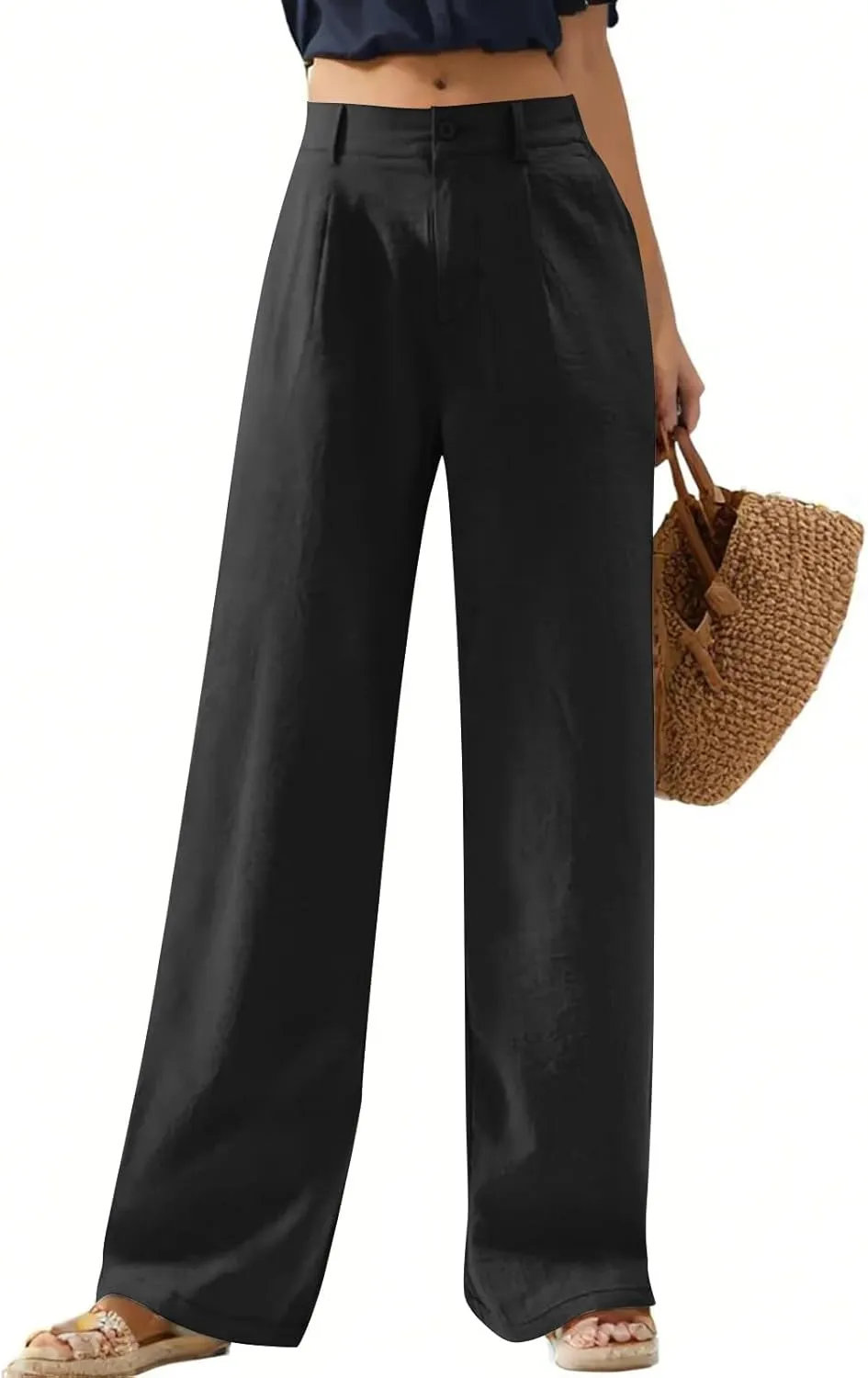Linen Wide Leg Pants for Women Business Casual High Waisted Dress Pants Office Work Pants Straight Trousers w/Pockets