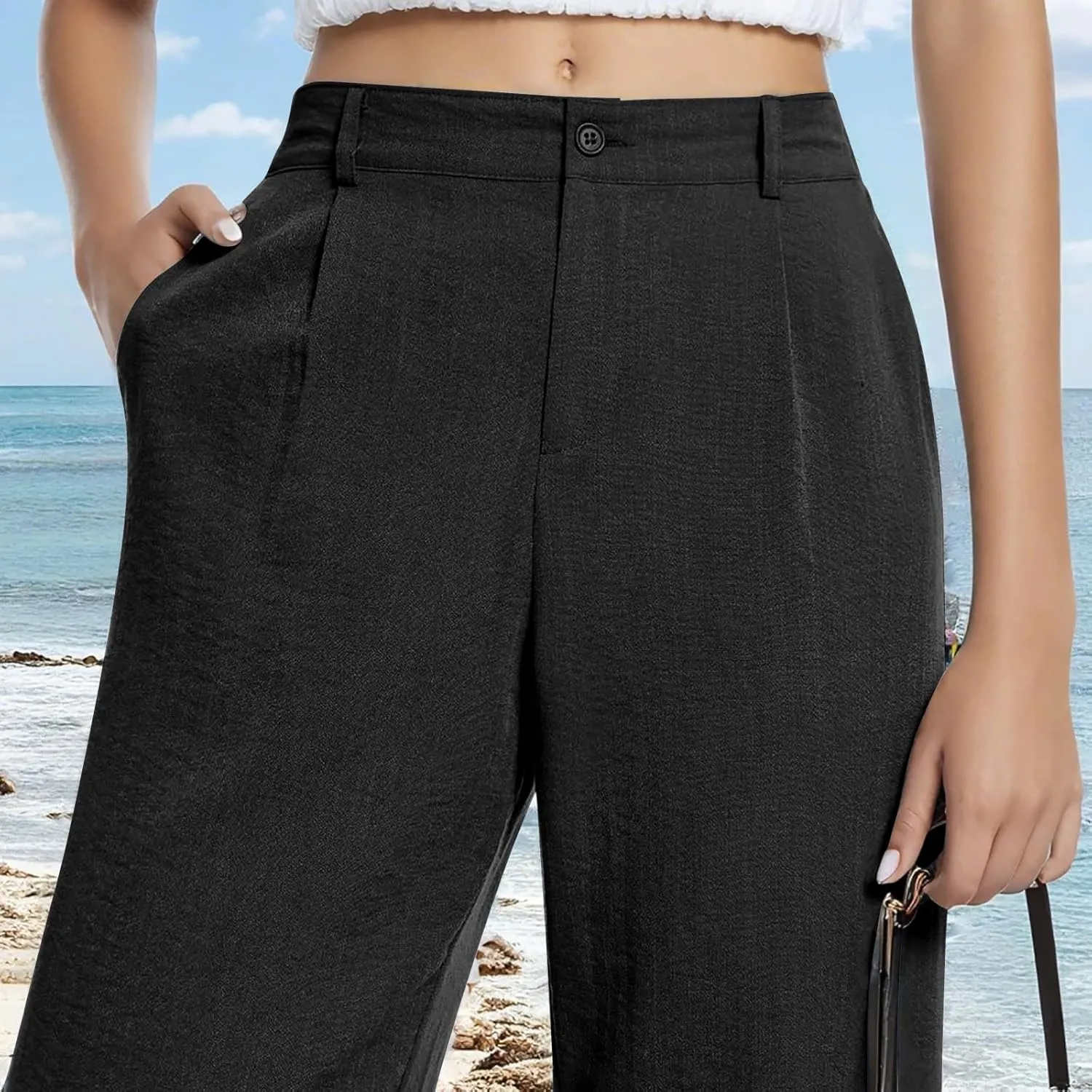 Linen Wide Leg Pants for Women Business Casual High Waisted Dress Pants Office Work Pants Straight Trousers w/Pockets