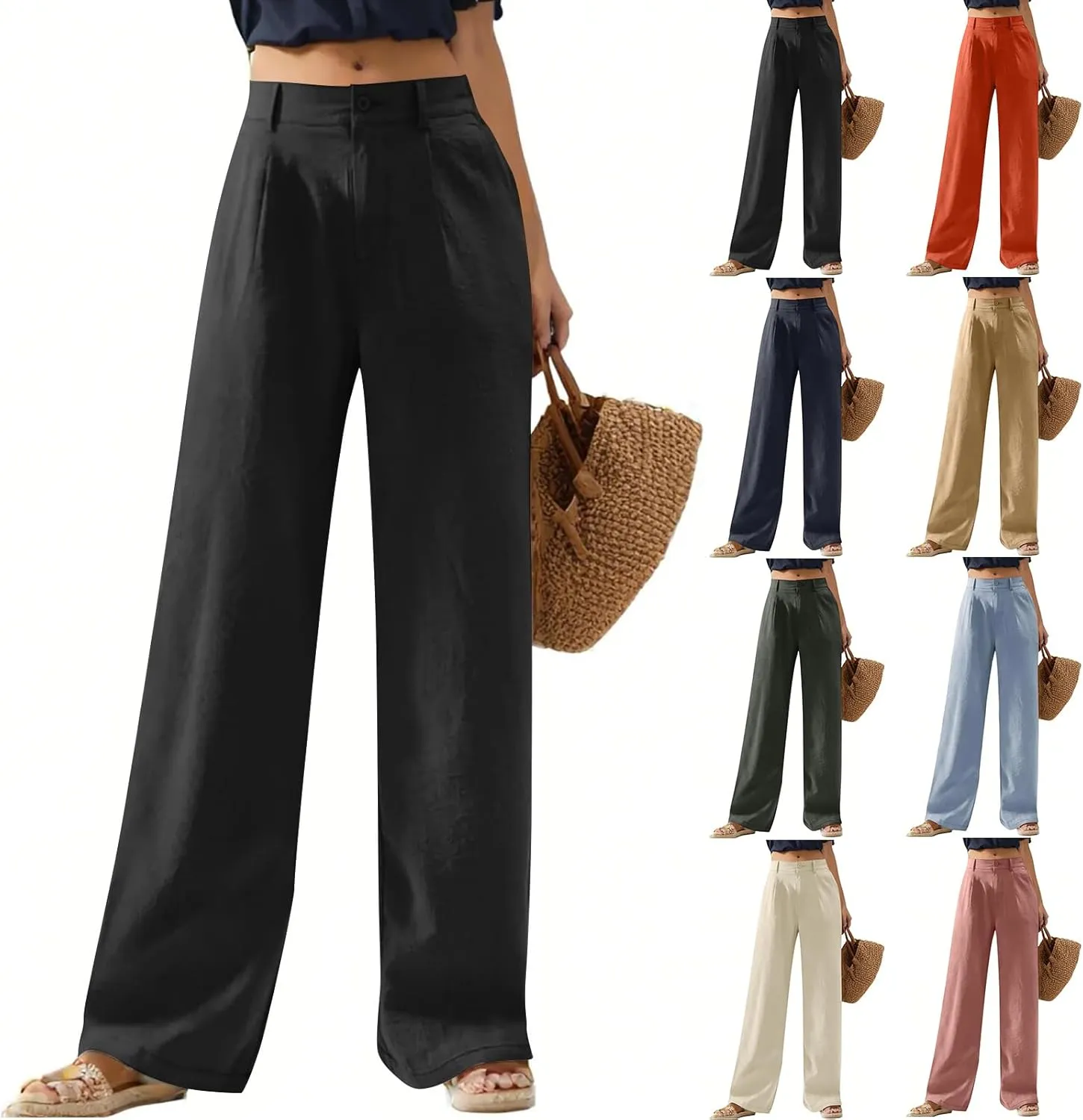 Linen Wide Leg Pants for Women Business Casual High Waisted Dress Pants Office Work Pants Straight Trousers w/Pockets