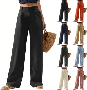 Linen Wide Leg Pants for Women Business Casual High Waisted Dress Pants Office Work Pants Straight Trousers w/Pockets