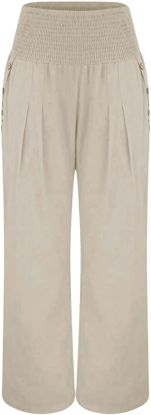 Linen Wide Leg Pants for Women Summer Casual Pleated Elastic High Waistband Palazzo Trousers Beach Yoga Trousers with Pockets