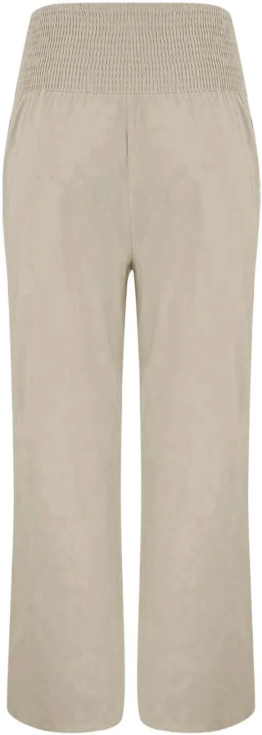 Linen Wide Leg Pants for Women Summer Casual Pleated Elastic High Waistband Palazzo Trousers Beach Yoga Trousers with Pockets
