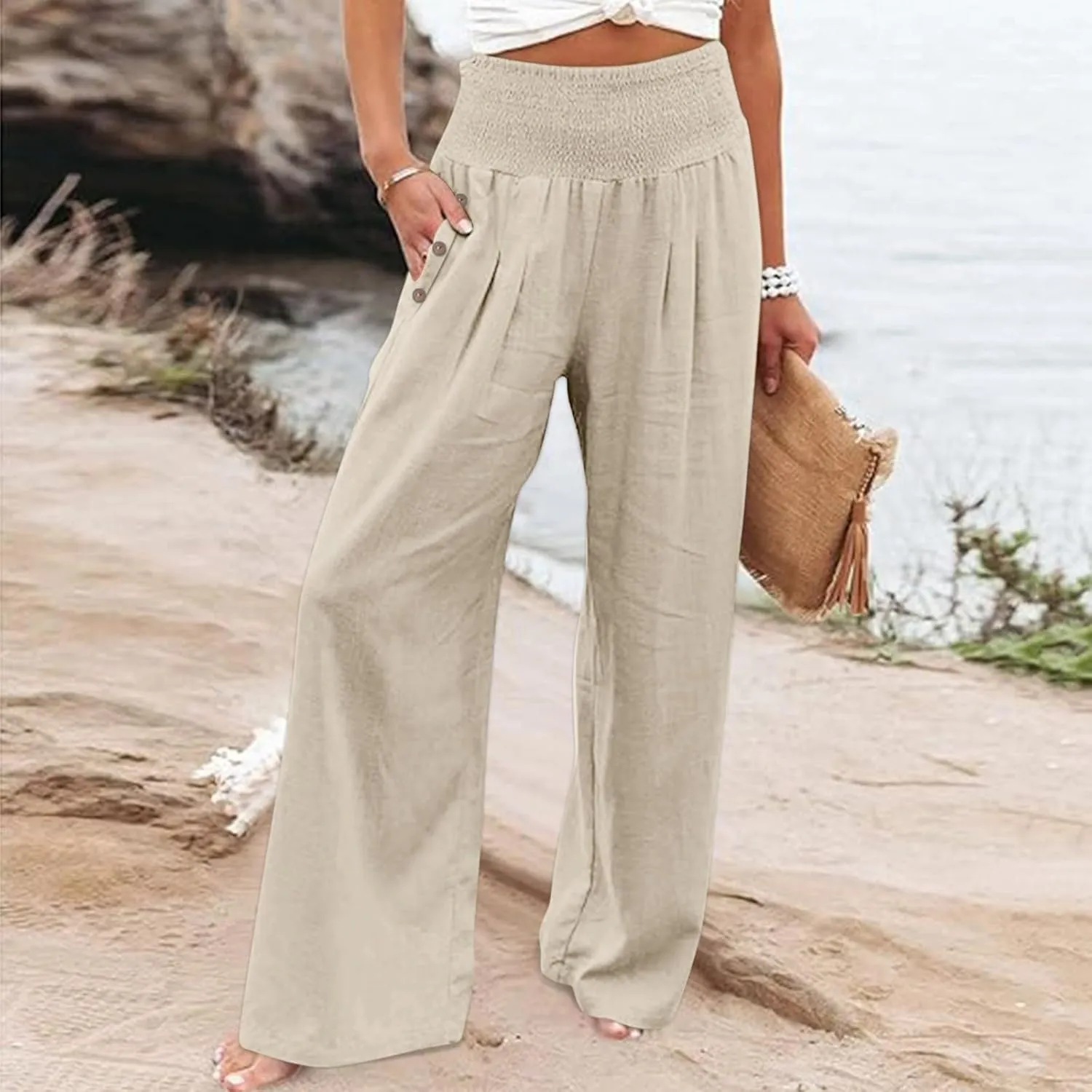 Linen Wide Leg Pants for Women Summer Casual Pleated Elastic High Waistband Palazzo Trousers Beach Yoga Trousers with Pockets