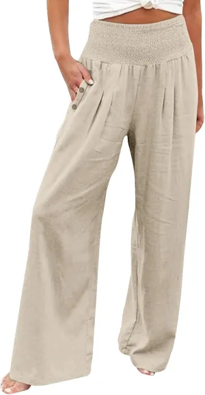 Linen Wide Leg Pants for Women Summer Casual Pleated Elastic High Waistband Palazzo Trousers Beach Yoga Trousers with Pockets