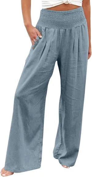 Linen Wide Leg Pants Women Summer Casual Drawstring Elastic High Waist Trousers Beach Trendy Palazzo Pant Knit Pants