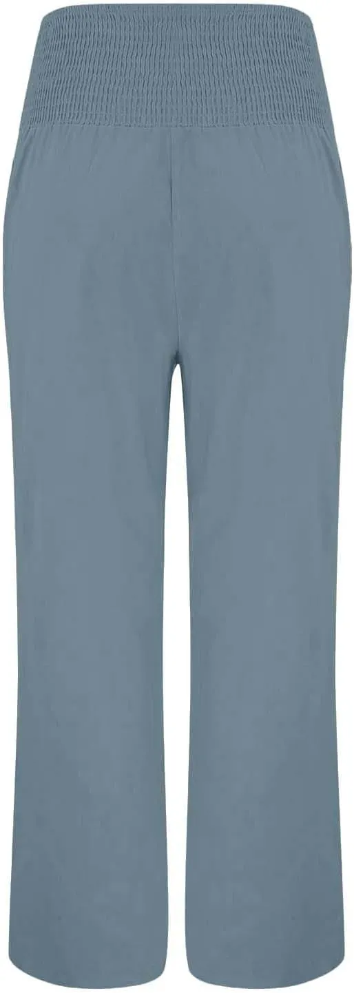 Linen Wide Leg Pants Women Summer Casual Drawstring Elastic High Waist Trousers Beach Trendy Palazzo Pant Knit Pants