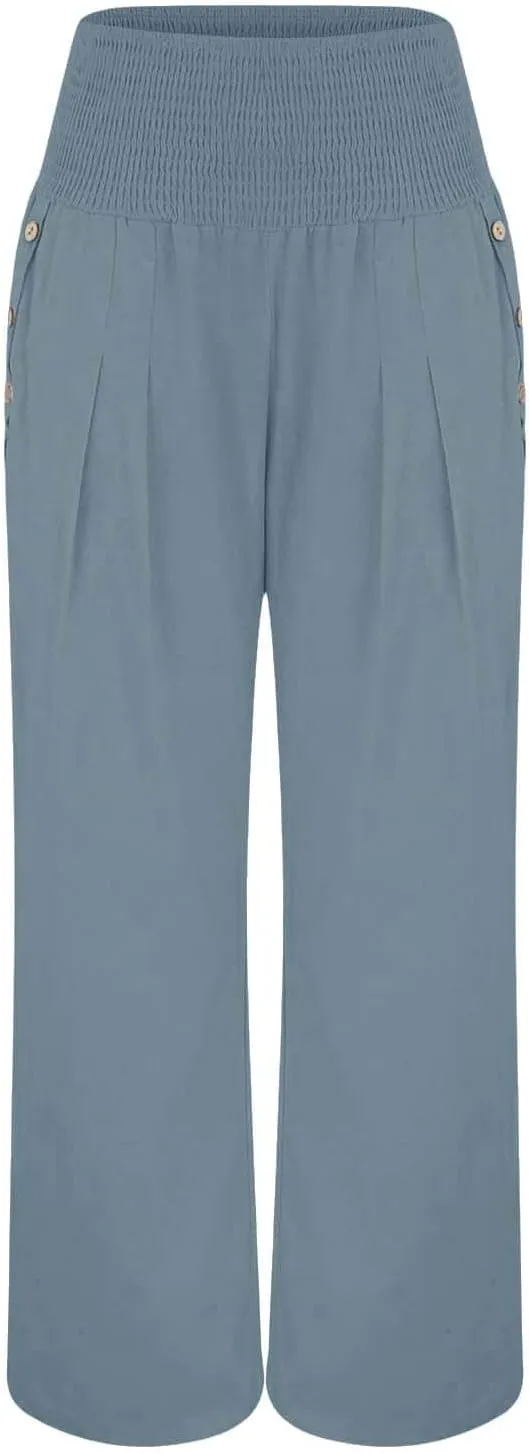 Linen Wide Leg Pants Women Summer Casual Drawstring Elastic High Waist Trousers Beach Trendy Palazzo Pant Knit Pants
