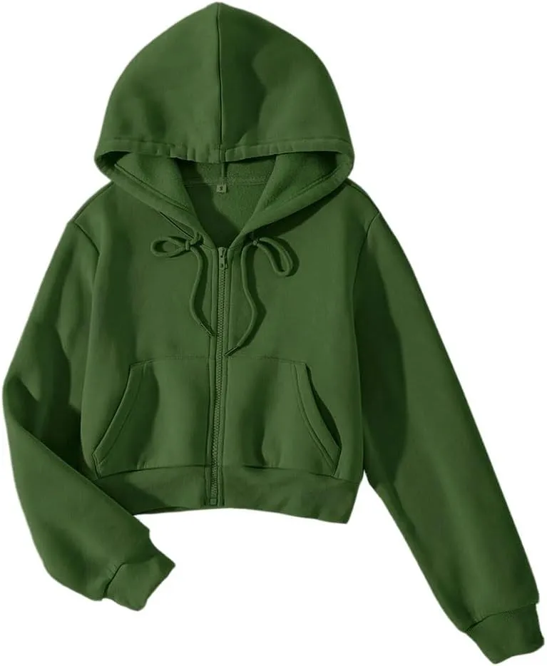 LOFAAC Women Fleece Full Zip Up Cropped Hoodie Sweatshirt 90s Long Sleeve Drawstring Hooded Crop Jacket Top with Pockets