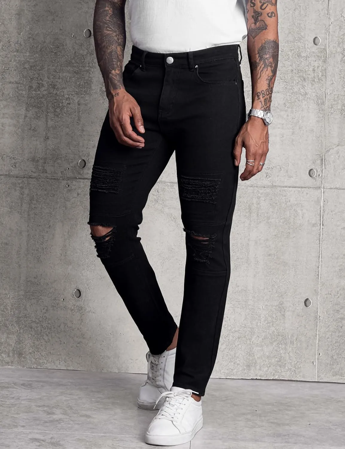 LONGBIDA Mens Skinny Slim Fit Ripped Straight Hip Hop Biker Stretchy Jeans