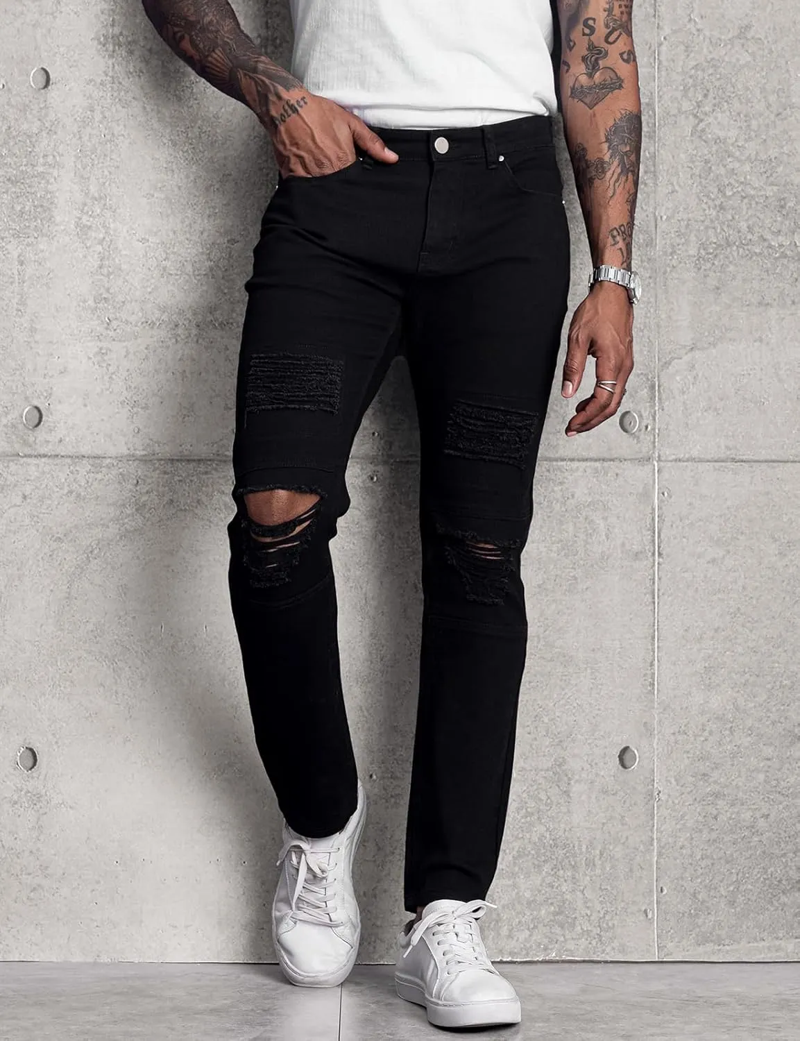 LONGBIDA Mens Skinny Slim Fit Ripped Straight Hip Hop Biker Stretchy Jeans