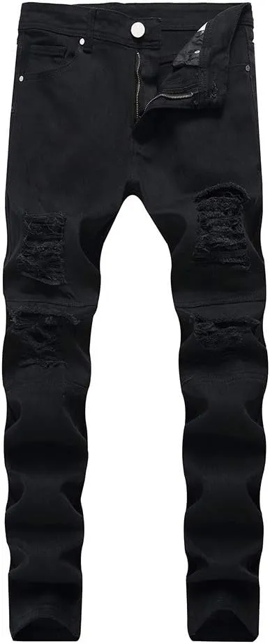LONGBIDA Mens Skinny Slim Fit Ripped Straight Hip Hop Biker Stretchy Jeans