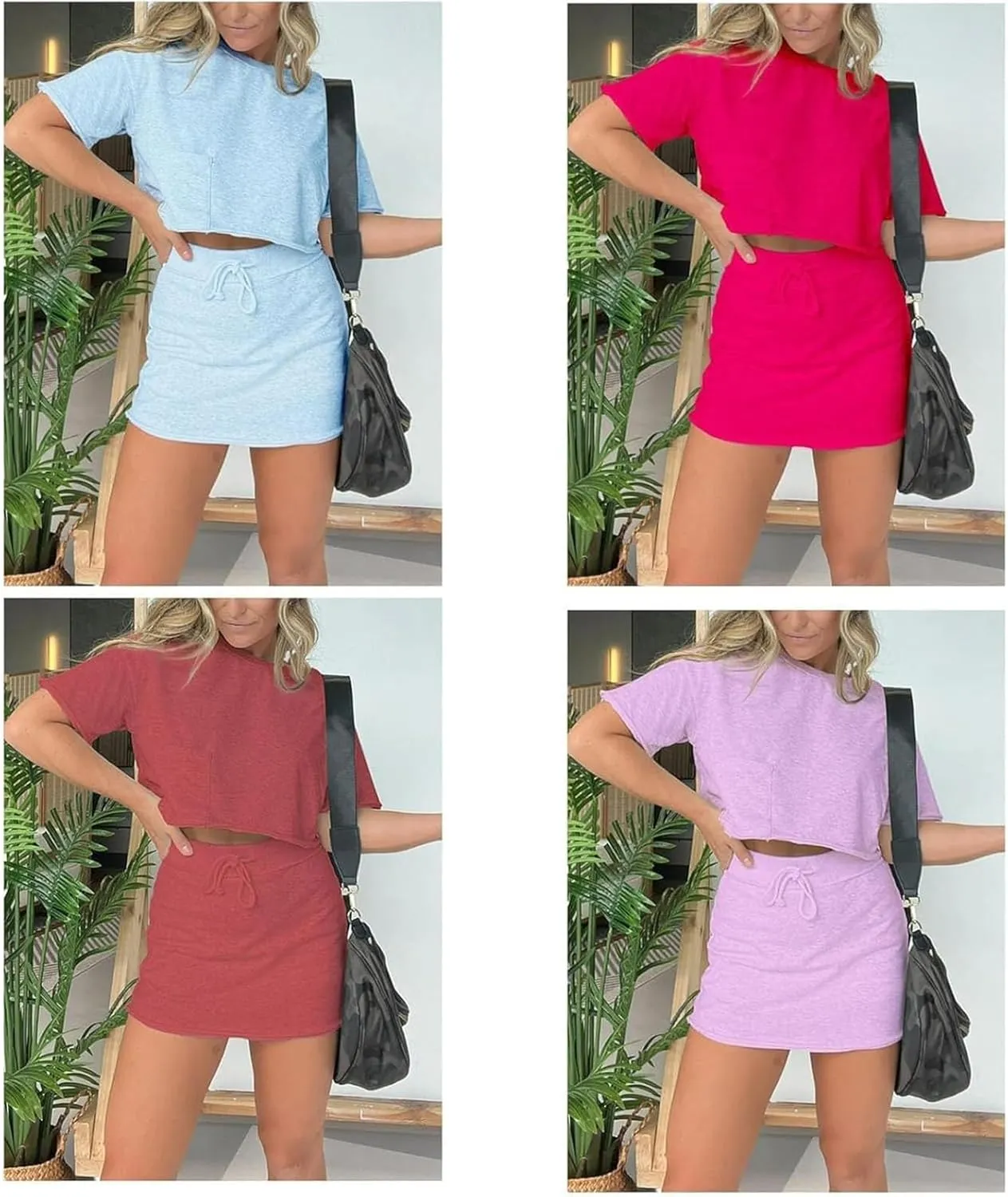 Lounge Cropped Tee Skort Set,2 Piece Summer Skirt Sets for Women,Fashion Short Sleeve Top Drawstring Hip Skirt Suit