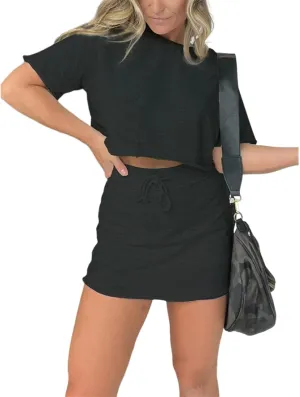 Lounge Cropped Tee Skort Set,2 Piece Summer Skirt Sets for Women,Fashion Short Sleeve Top Drawstring Hip Skirt Suit
