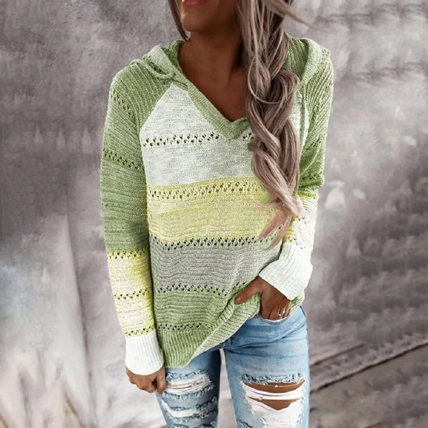 LRMQS Womens Fall Fashion 2024 Color Block Drawstring Hoodies Sweater Trendy Casual Loose Cute Knit Pullover Winter Clothes