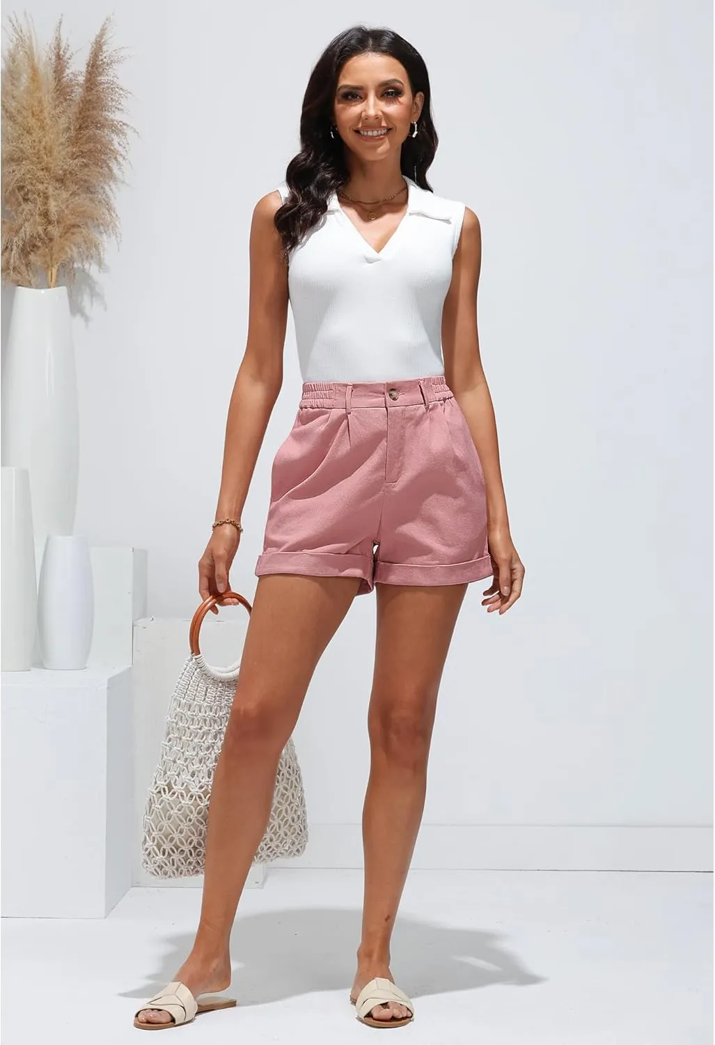 luvamia Shorts for Women High Waisted Dressy Casual Cotton Stretch Twill Elastic Wasit Pleated Summer Shorts with Pocket
