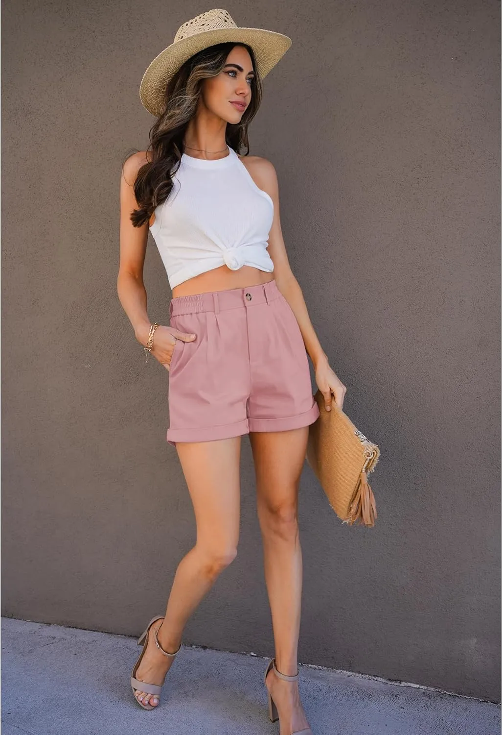 luvamia Shorts for Women High Waisted Dressy Casual Cotton Stretch Twill Elastic Wasit Pleated Summer Shorts with Pocket