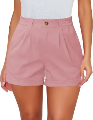 luvamia Shorts for Women High Waisted Dressy Casual Cotton Stretch Twill Elastic Wasit Pleated Summer Shorts with Pocket