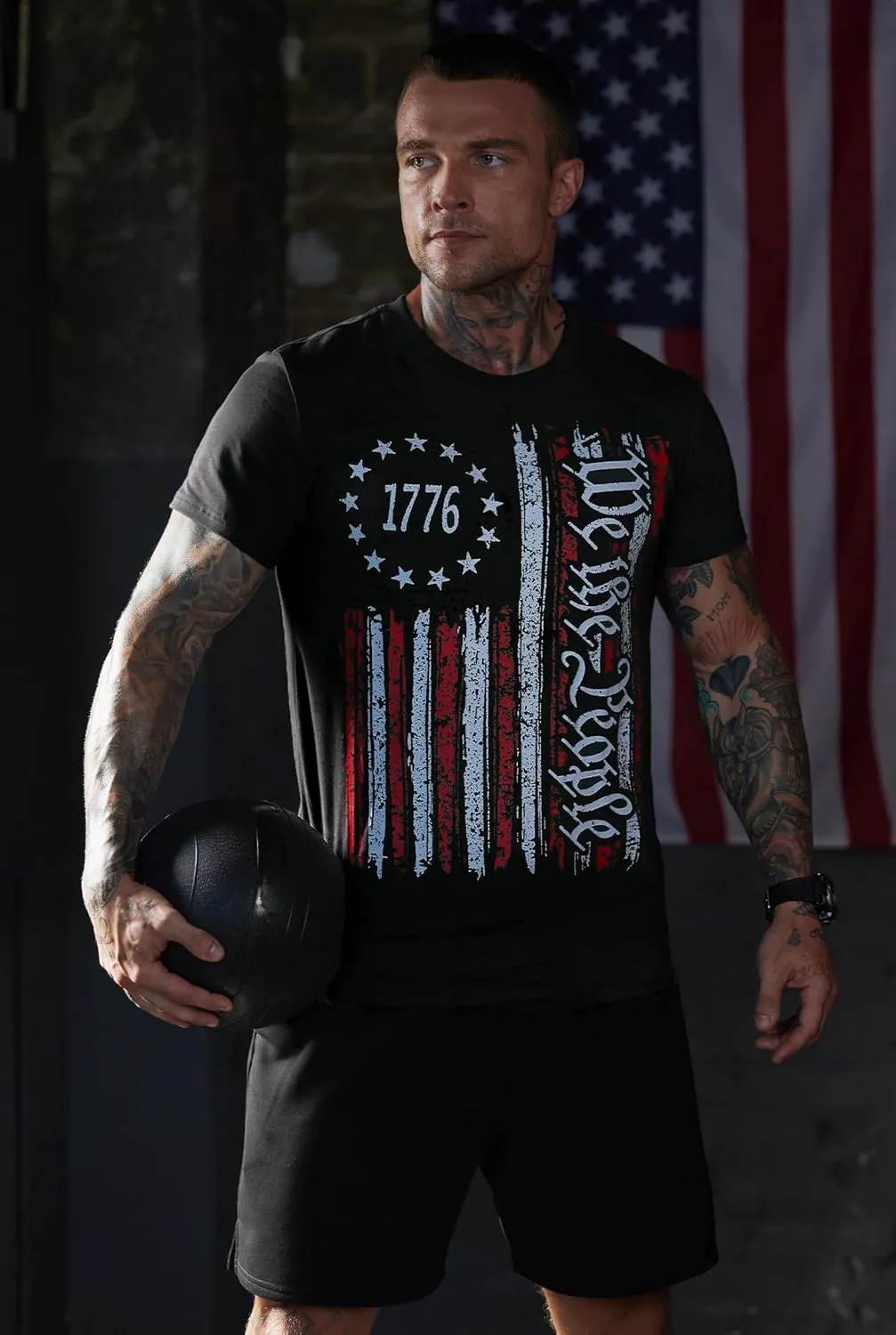 Mainfini Men's 4th of July T-Shirt American Flag 1776 Short Sleeve Tshirt (S-3XL)