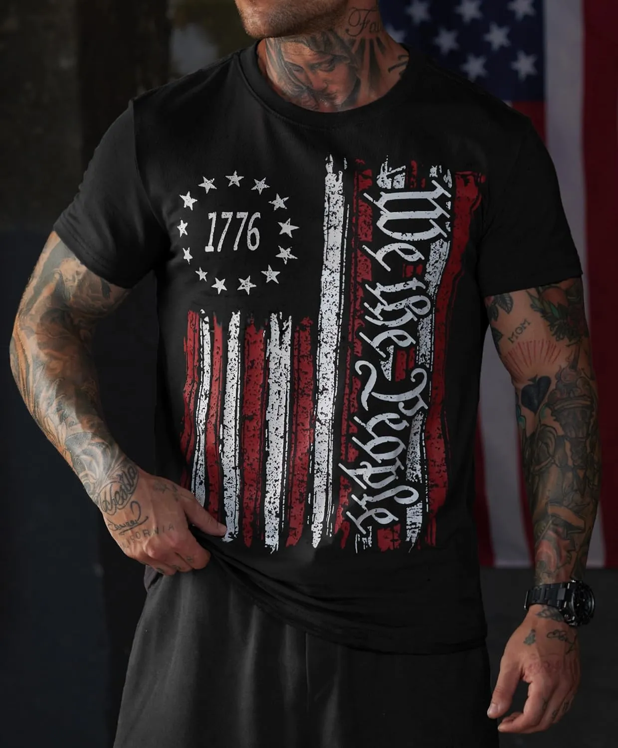 Mainfini Men's 4th of July T-Shirt American Flag 1776 Short Sleeve Tshirt (S-3XL)
