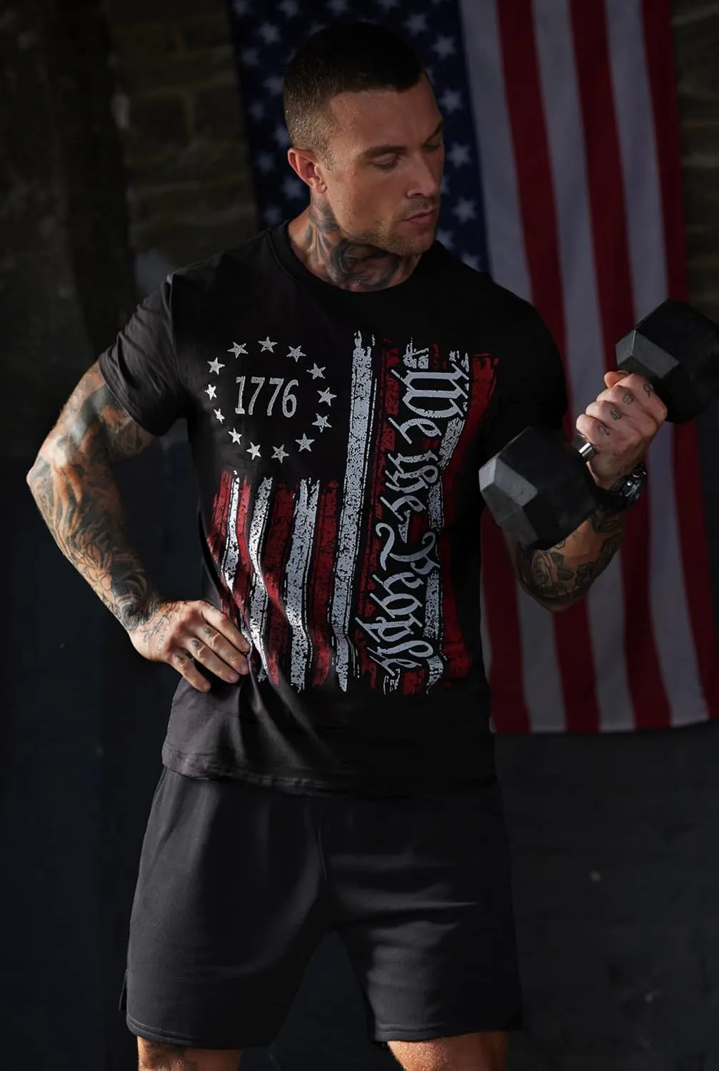 Mainfini Men's 4th of July T-Shirt American Flag 1776 Short Sleeve Tshirt (S-3XL)