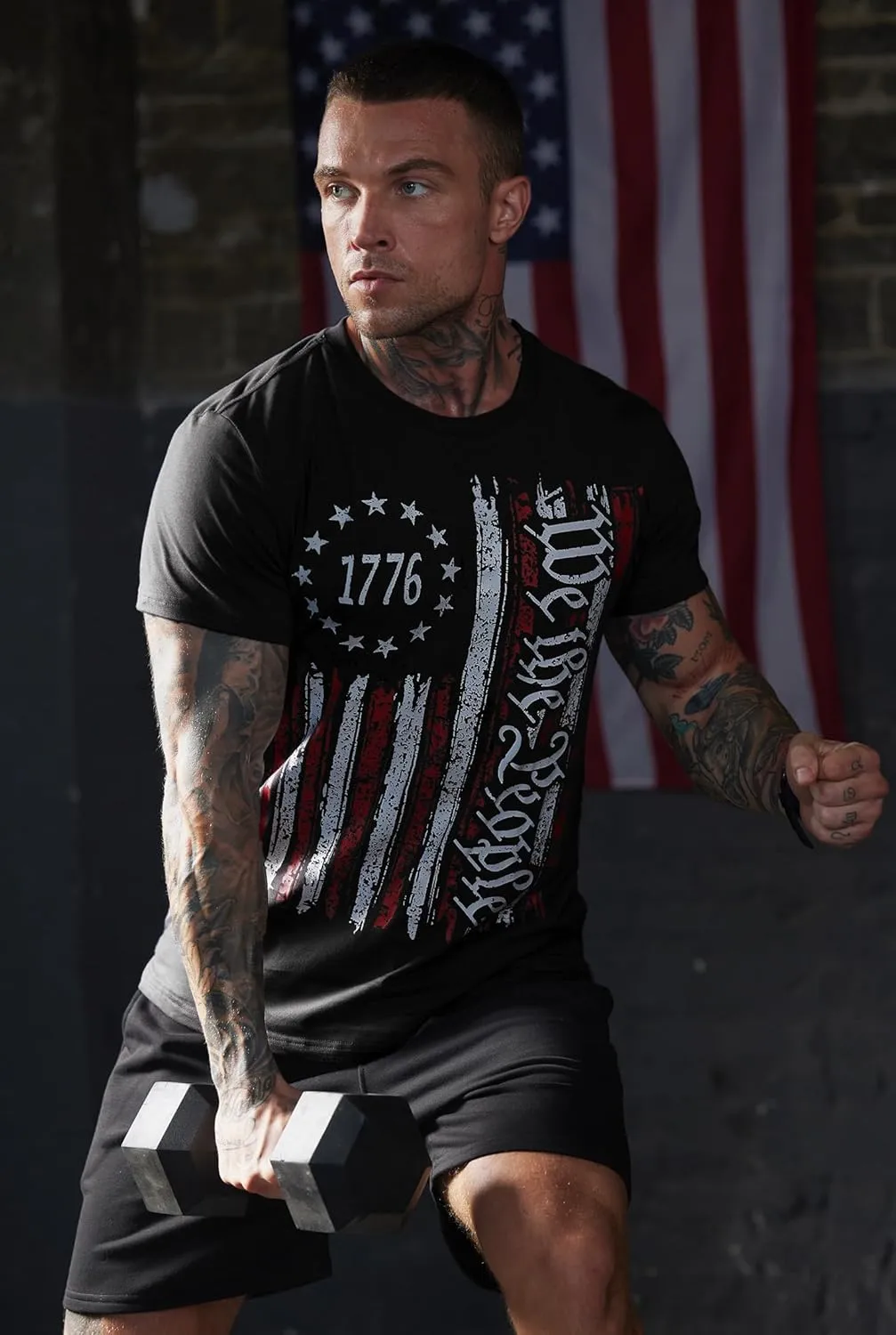 Mainfini Men's 4th of July T-Shirt American Flag 1776 Short Sleeve Tshirt (S-3XL)