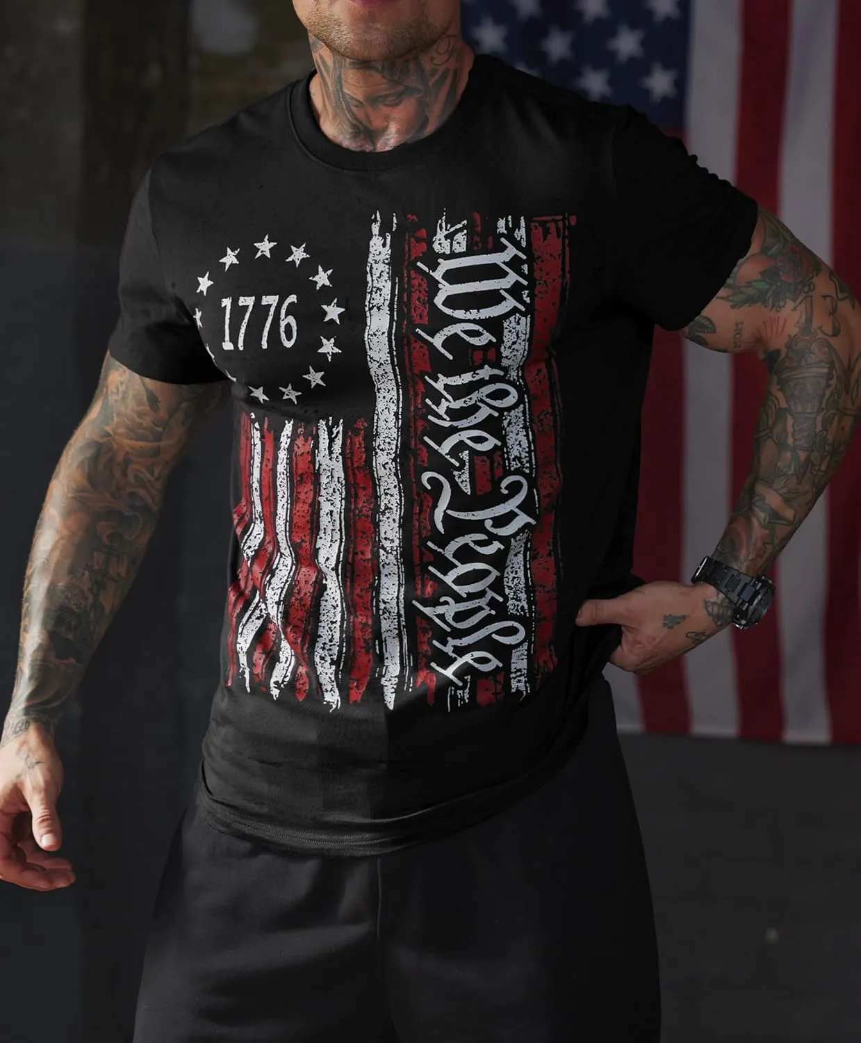 Mainfini Men's 4th of July T-Shirt American Flag 1776 Short Sleeve Tshirt (S-3XL)