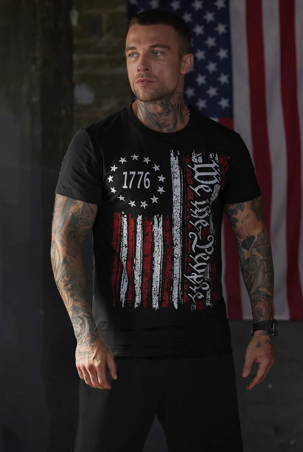 Mainfini Men's 4th of July T-Shirt American Flag 1776 Short Sleeve Tshirt (S-3XL)