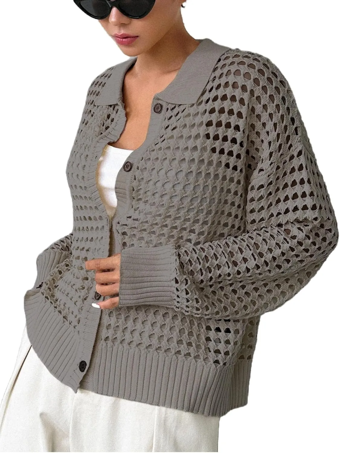 MakeMeChic Women's Button Up Cardigan Sweaters Crochet Hollow Out Open Front Cardigan Tops