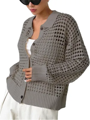 MakeMeChic Women's Button Up Cardigan Sweaters Crochet Hollow Out Open Front Cardigan Tops