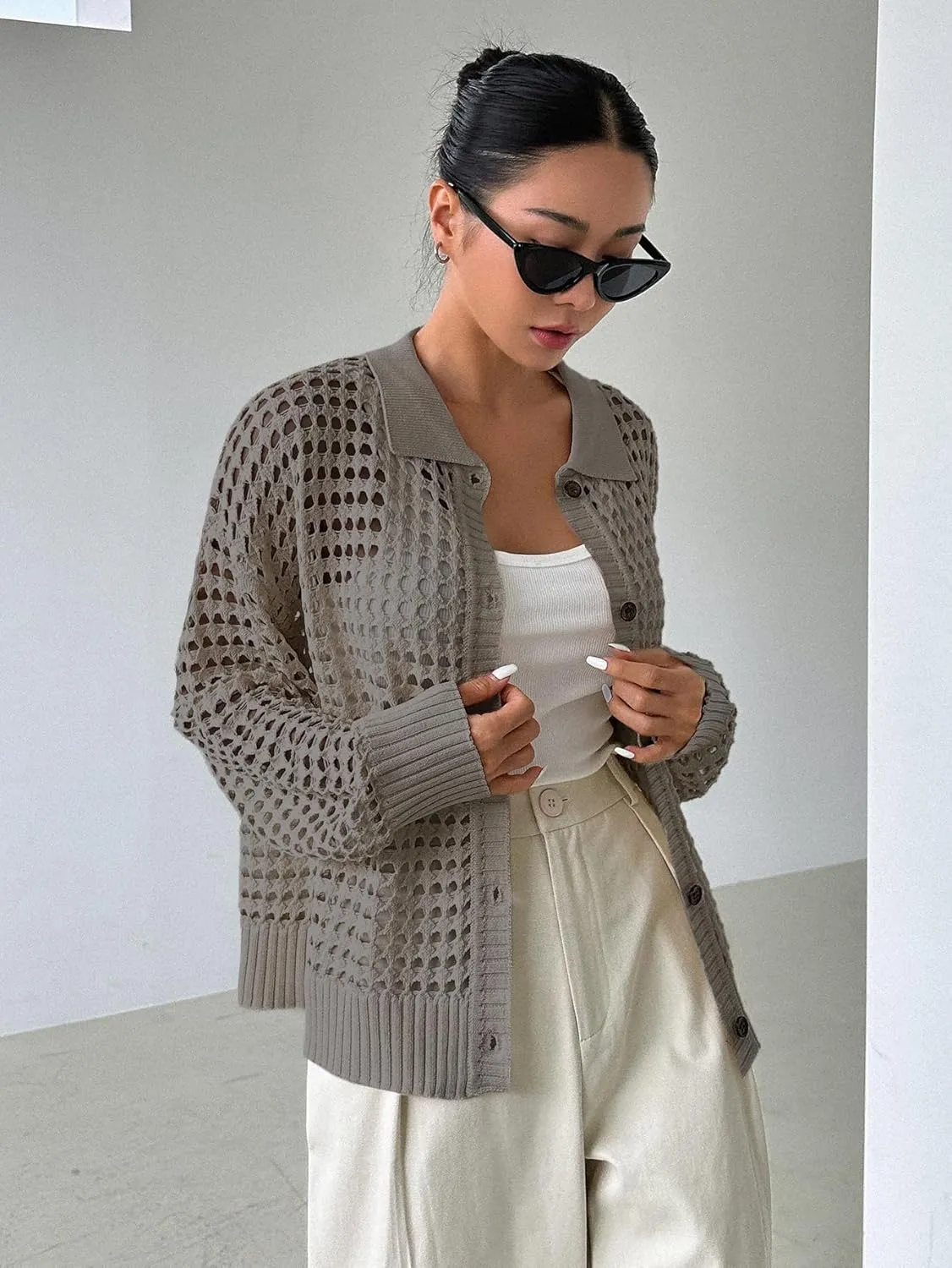 MakeMeChic Women's Button Up Cardigan Sweaters Crochet Hollow Out Open Front Cardigan Tops