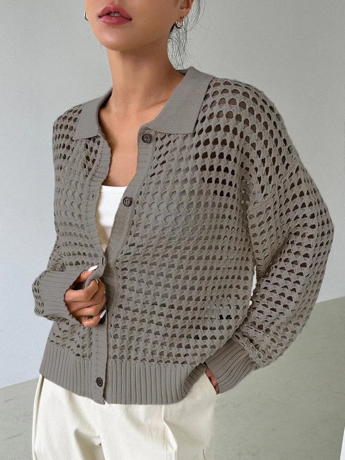 MakeMeChic Women's Button Up Cardigan Sweaters Crochet Hollow Out Open Front Cardigan Tops