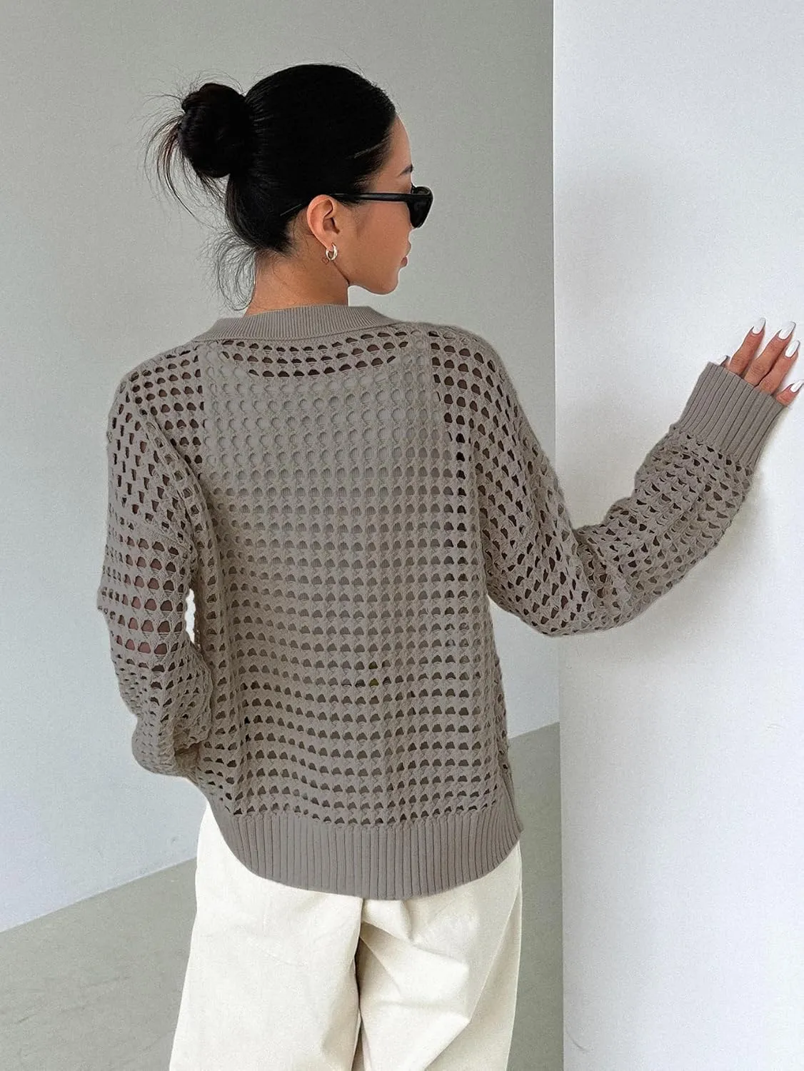 MakeMeChic Women's Button Up Cardigan Sweaters Crochet Hollow Out Open Front Cardigan Tops