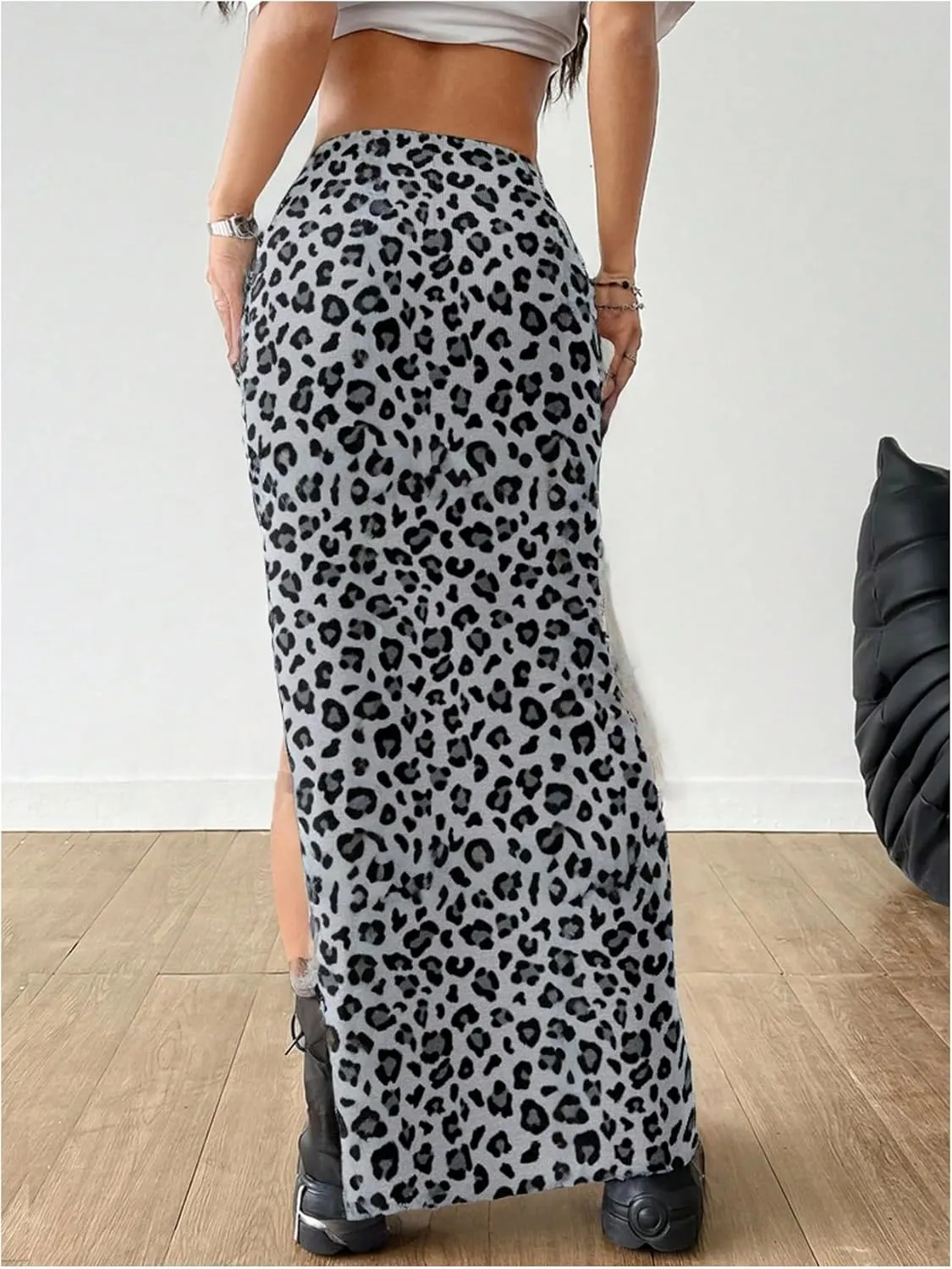MakeMeChic Women's Leopard Print Split Thigh Ruched Skinny Fit Bodycon Long Maxi Skirts