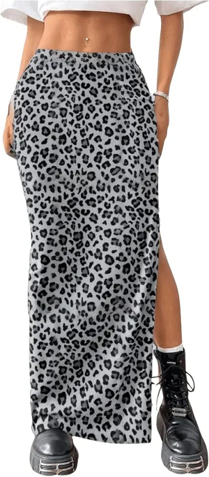 MakeMeChic Women's Leopard Print Split Thigh Ruched Skinny Fit Bodycon Long Maxi Skirts