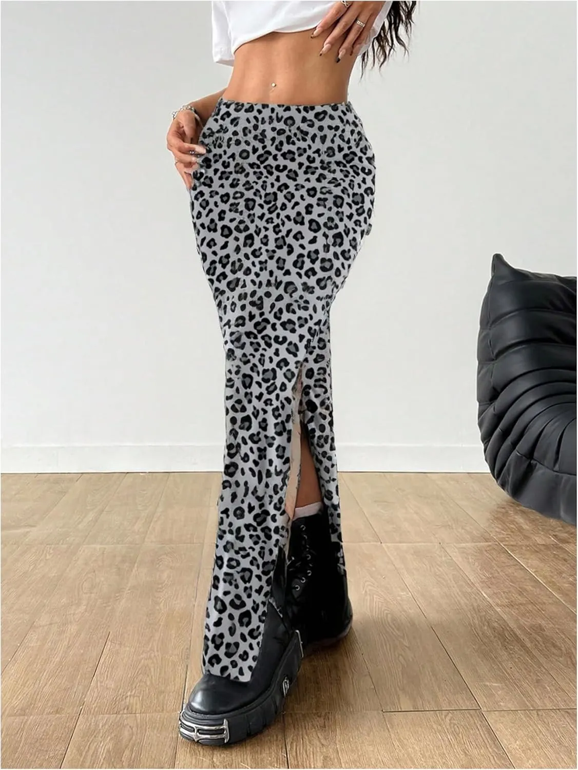 MakeMeChic Women's Leopard Print Split Thigh Ruched Skinny Fit Bodycon Long Maxi Skirts