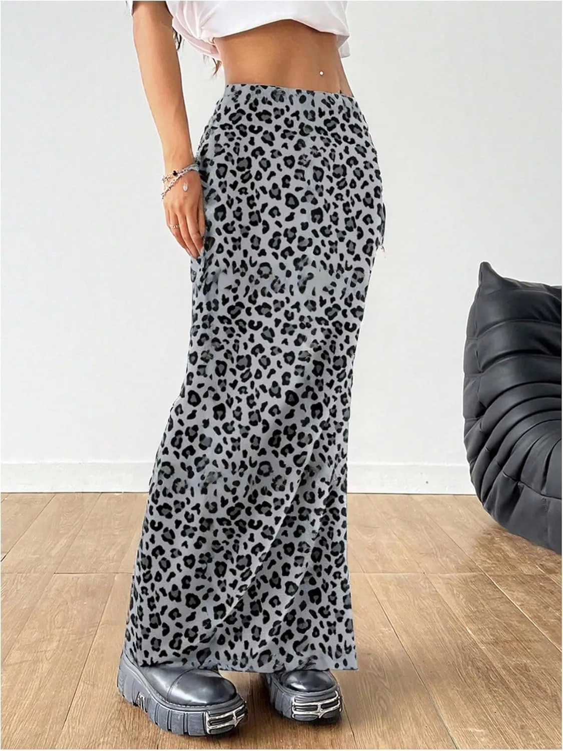 MakeMeChic Women's Leopard Print Split Thigh Ruched Skinny Fit Bodycon Long Maxi Skirts