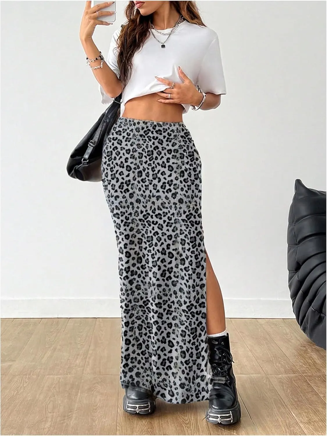 MakeMeChic Women's Leopard Print Split Thigh Ruched Skinny Fit Bodycon Long Maxi Skirts