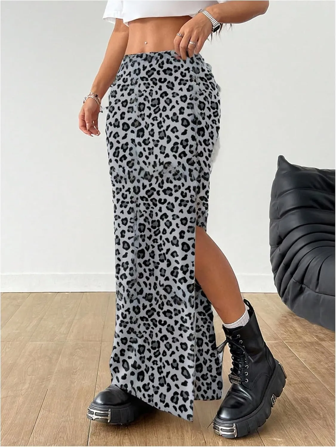 MakeMeChic Women's Leopard Print Split Thigh Ruched Skinny Fit Bodycon Long Maxi Skirts