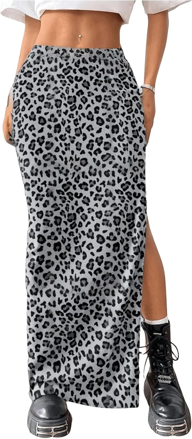 MakeMeChic Women's Leopard Print Split Thigh Ruched Skinny Fit Bodycon Long Maxi Skirts