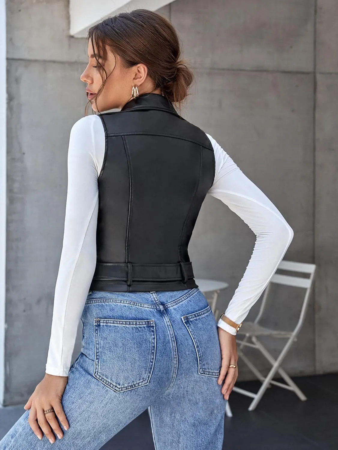 MakeMeChic Women's PU Leather Belted Vest Coats Grommet Eyelet Sleeveless Jackets