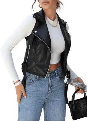 MakeMeChic Women's PU Leather Belted Vest Coats Grommet Eyelet Sleeveless Jackets