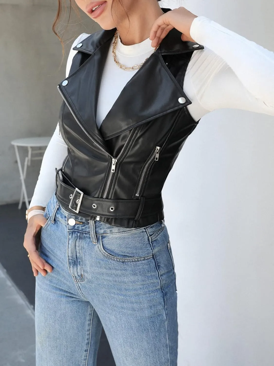 MakeMeChic Women's PU Leather Belted Vest Coats Grommet Eyelet Sleeveless Jackets