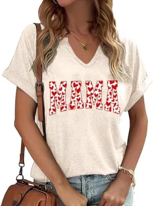 Mama Retro V Neck Shirts for Women Vintage Mama Mommy Mom Bruh Life T Shirts Mother's Day Tops Tee Gifts