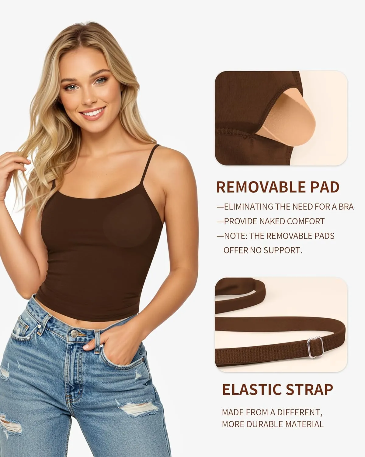 MANGOPOP Women's Tank Tops Detachable Bra Spaghetti Strap Cami Sexy Square Neck Sleeveless Basic Tee Shirts
